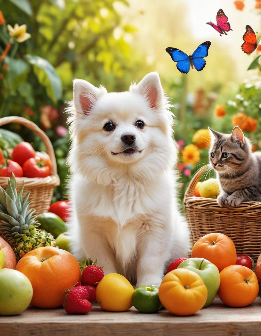 A cheerful gathering of diverse healthy pets, including a fluffy dog, a playful kitten, and a curious rabbit, surrounded by colorful fruits, vegetables, and pet care products. The scene is set in a bright, sunlit garden with flowers and butterflies, symbolizing joy and wellness. Emphasize the bond between pets and their owners, showcasing heartwarming interactions. super-realistic. vibrant colors. bright background.
