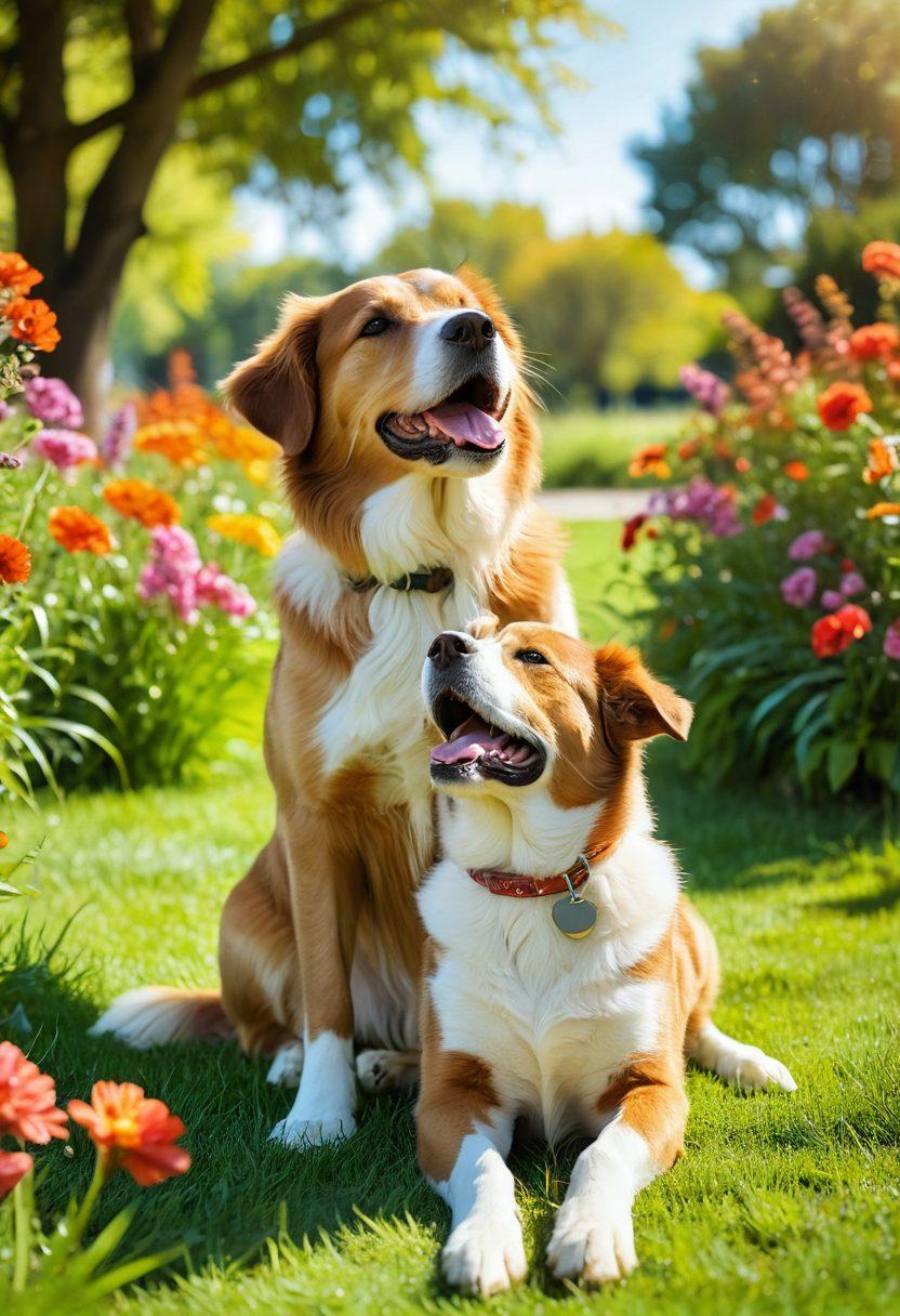 A joyful pet owner gently playing with a happy dog in a sunlit park, surrounded by colorful flowers and green grass. Include playful cats lounging and birds singing nearby, symbolizing wellness and happiness in the pet world. Soft, warm colors to evoke a sense of tranquility and joy. super-realistic. vibrant colors. bright background.