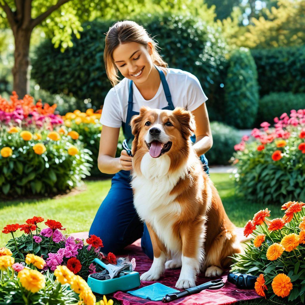 A heartwarming scene of a person grooming and training their playful dog in a lush, sunny park filled with vibrant flowers and greenery. The pet is happily interacting, showcasing the bond between them, with grooming tools and training equipment subtly included in the background. Bright, cheerful colors convey a sense of joy and care. super-realistic. vibrant colors.